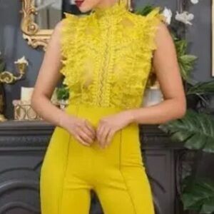 Sleeveless Lace-Front Jumpsuit in Yellow